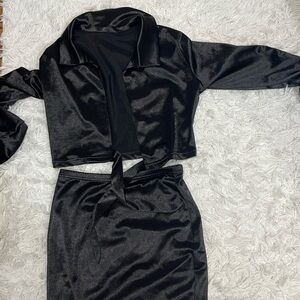 Black Satin Two-Piece Skirt and Tie-Up Top (Size: S)